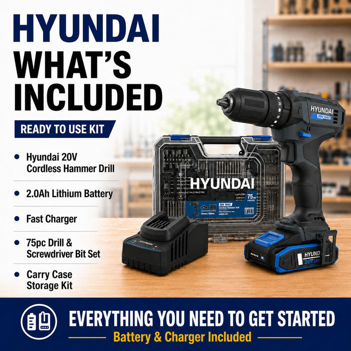 Hyundai 20V Hammer Drill Complete Kit - Hammer Drill + 75 Accessories, 2Ah Battery, Charger & Carry Case - Homeowner's Starter Kit