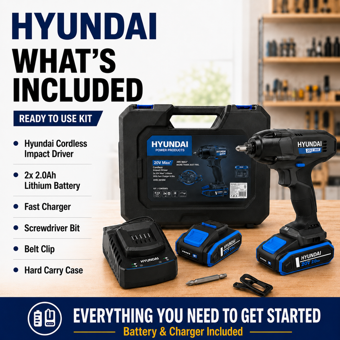 Hyundai 20V Cordless Impact Driver Kit – 180Nm Torque, LED, 2 x 2Ah Battery, 1 x Charger, 1 x Hard Case