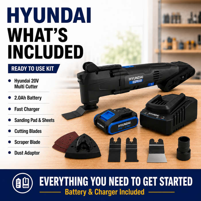 Hyundai 20V Cordless Multi Cutter Kit  – Oscillating Tool for Cutting, Scraping, Sanding + 20v2Ah Battery & Charger