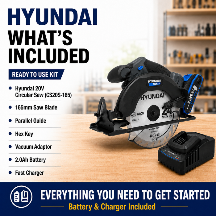 Hyundai 20V Cordless Circular Saw Kit – 165mm Blade, Bevel Cuts, Dust Port + 20V 2Ah Lithium-Ion Battery & Charger Kit