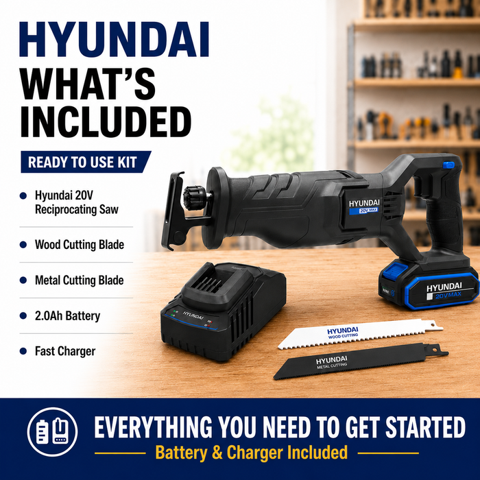 Hyundai 20V Cordless Reciprocating Saw Kit – 100mm Wood Cut, Tool-Free Blade Change, Variable Speed + 20V 2Ah Lithium-Ion Battery & Charger Kit