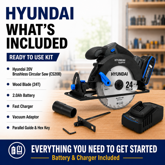 Hyundai 20V Brushless Circular Saw Kit – 190mm Blade, 67.5mm Cut Depth + 20V 2Ah Lithium-Ion Battery & Charger Kit