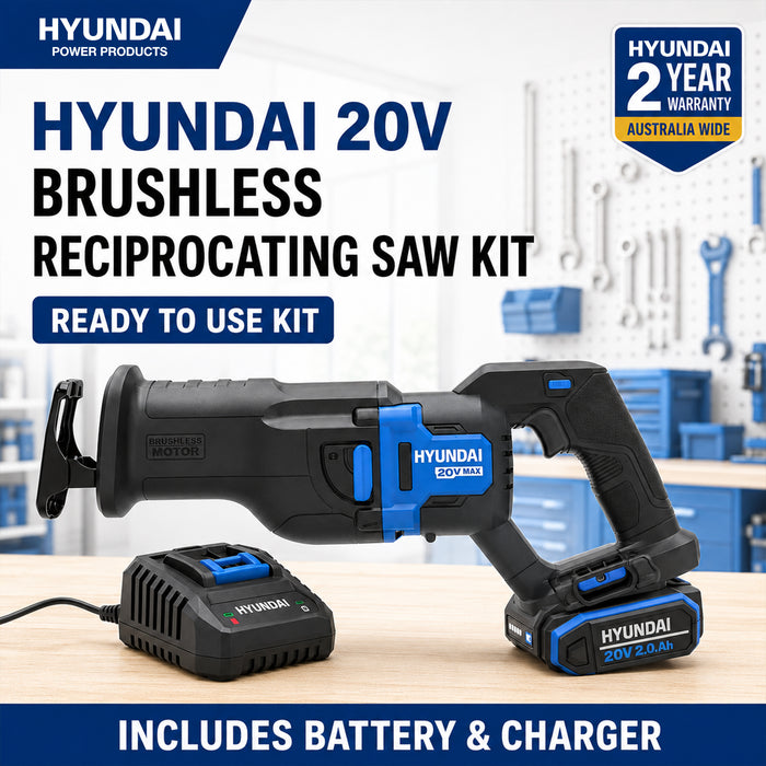 Hyundai 20V Brushless Reciprocating Saw Kit – 300mm Cutting Capacity, 2.0Ah Battery & Fast Charger Included – Cordless Demolition & Pruning Saw