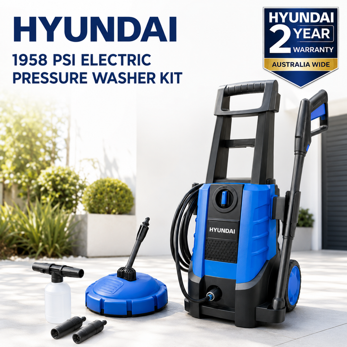 Hyundai 1958 PSI Electric Pressure Washer – 1800W Power Cleaner for Cars, Driveways & Patios, Turbo Nozzles + Patio Cleaner Kit