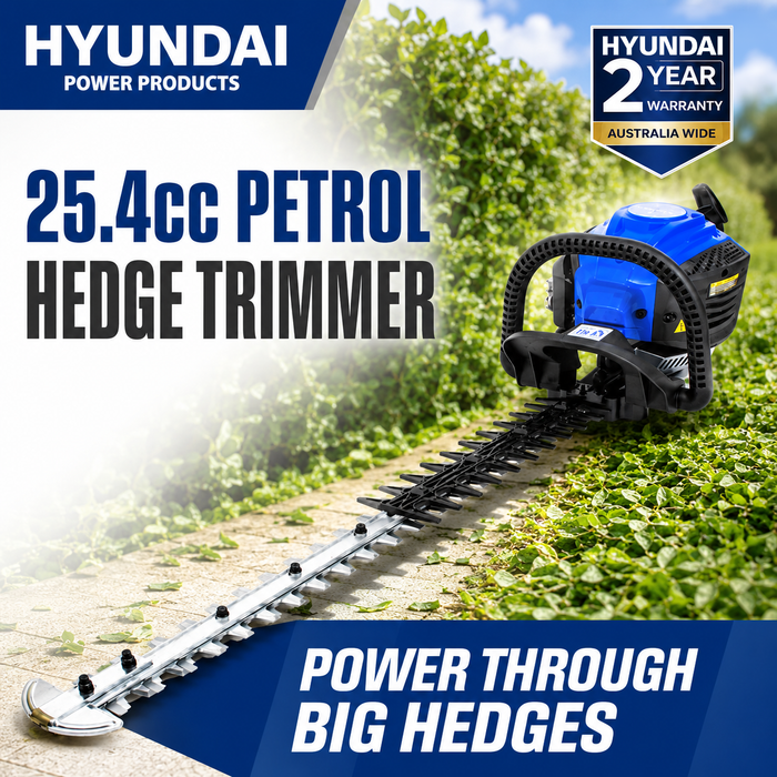 Hyundai 25.4cc Petrol Hedge Trimmer – Double Reciprocating Blade, Rotatable Handle, Easy Start