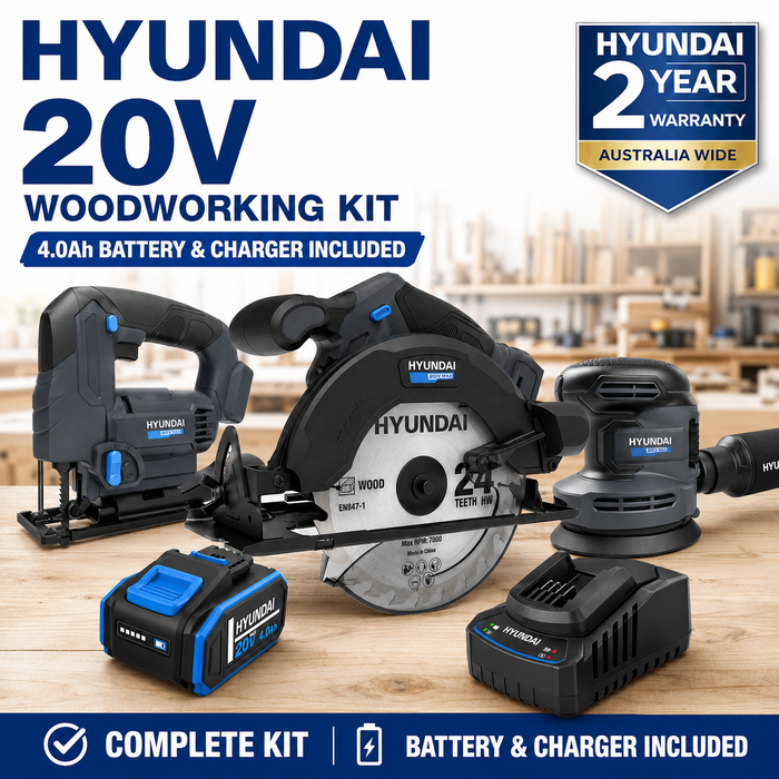 Hyundai 20V Woodworking Kit – Circular Saw, Jigsaw, Orbital Sander, 4.0Ah Battery & Fast Charger – Complete Cordless Carpentry Kit