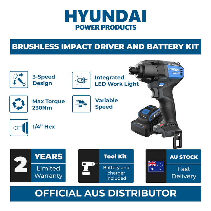 Hyundai 20V Brushless Impact Driver Kit – 230Nm, 3-Speed, LED, 4Ah Battery & Charger (ID20X-230FT)