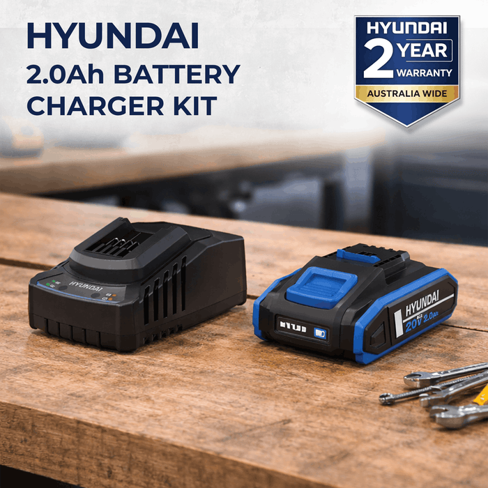 Hyundai 20V 2Ah Lithium-Ion Battery & Charger Kit – for Hyundai 20V Cordless Power Tools - Fast Charging, Compact, Reliable