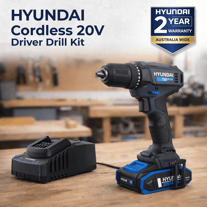 Hyundai 20V 40Nm Cordless Drill Driver, 2Ah Battery and Charger, 2-Speed, LED Light, 13 mm Chuck
