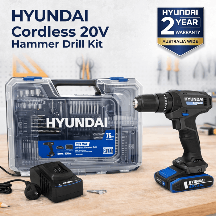 Hyundai 20V Cordless Hammer Drill 50Nm – Complete 75-Piece DIY Tool Kit with Battery, Charger & Case | Hammer Drill Driver Australia