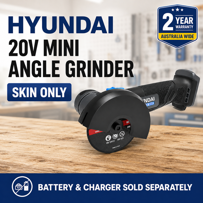 Hyundai 20V Mini Angle Grinder – 19500rpm, 76mm Disc, Tool-Free Guard - Skin Only