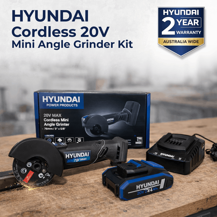 Hyundai 20V Cordless Angle Grinder Kit – Cut Metal, Tile & Bolts Anywhere | Includes 2.0Ah Battery + Charger