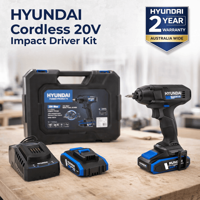 Hyundai 20V Cordless Impact Driver Kit – 180Nm Torque, LED, 2 x 2Ah Battery, 1 x Charger, 1 x Hard Case