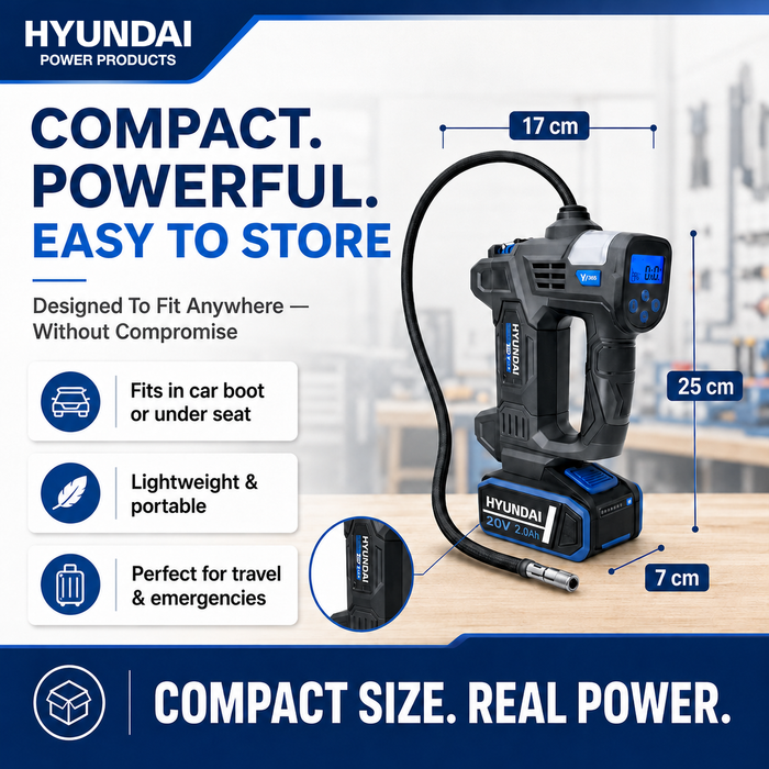 Hyundai 20V Cordless Tyre Inflator Kit – 150 PSI Digital Air Compressor, 2.0Ah Battery &amp; Fast Charger Included – Portable Car, Bike &amp; Camping Inflator