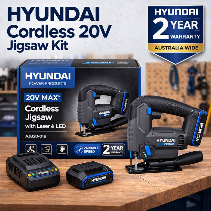Hyundai 20V Cordless Jigsaw Kit – Battery & Fast Charger Included, 2500 SPM Power Saw, Cuts Wood Plastic & Steel, DIY Renovation Cutting Tool (JS20S-24/ B120-2/C202)
