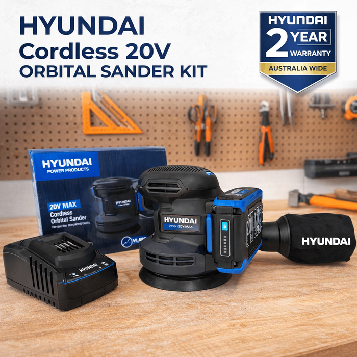 Hyundai 20V Cordless ORBITAL SANDER KIT– 125mm Variable Speed + 2.0Ah Battery & Fast Charger - Wood Sanding, Paint Prep & DIY Renovation