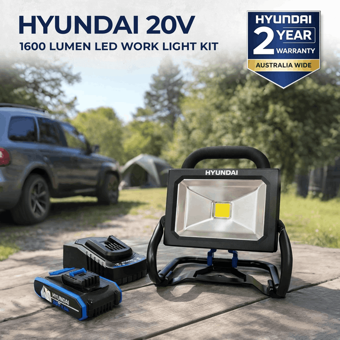 Hyundai 20V Portable LED Work Light Kit – 1600 Lumen Flood Light + 2.0Ah Battery & Fast Charger - DIY, Garage, 4WD & Camping Essential (WL20S-1600/B120-2/C20-2)