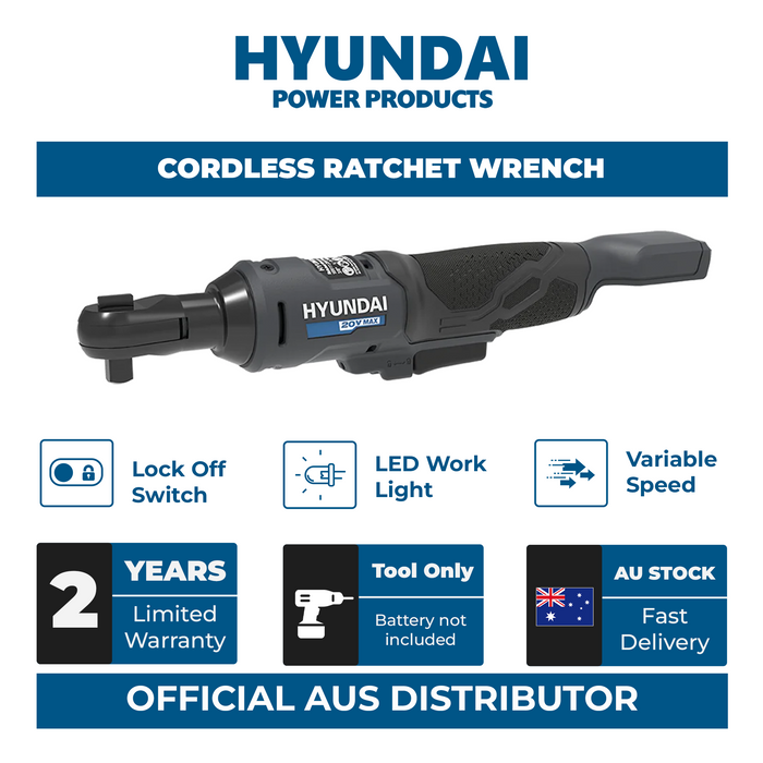 Hyundai 20V Cordless Ratchet Wrench – 47Nm, LED, Compact Head, FWD/REV Switch - SKIN ONLY (RW20S-47)