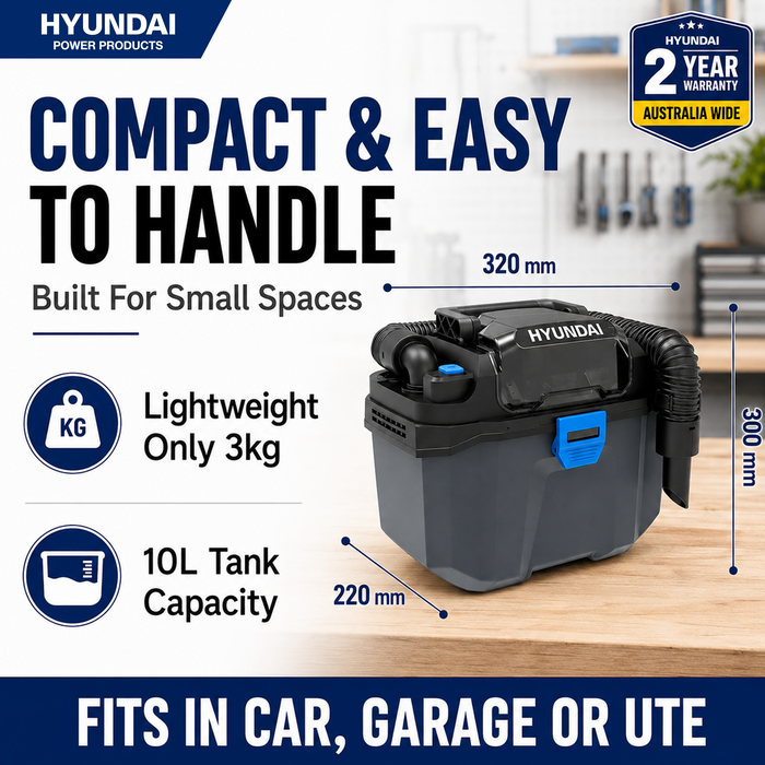 Hyundai 20V Cordless Wet & Dry Vacuum Blower – 10L Tank, HEPA, Compact Toolbox Design – Skin Only