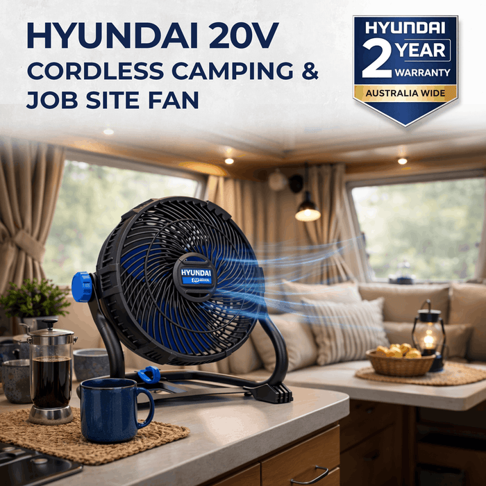 Hyundai 20V Cordless Camping & Job Site Fan – 360° Adjustable Head, Dual Speed, Wall-Mountable – SKIN ONLY (JF20S)