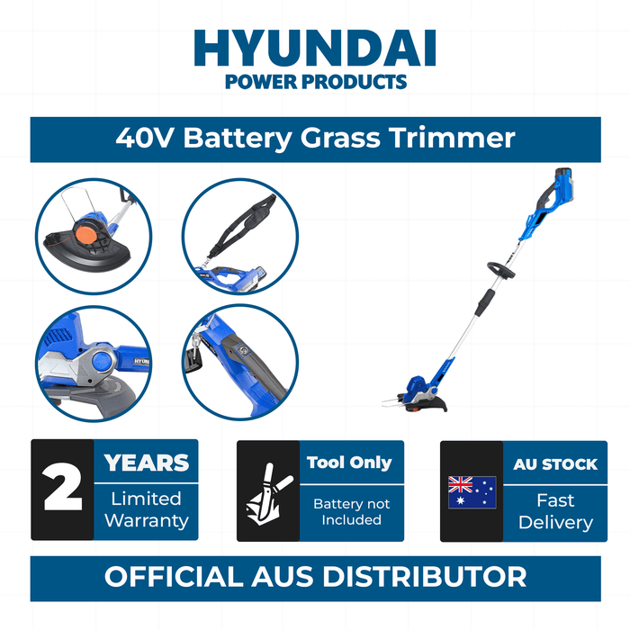 Hyundai 40V Battery Grass Trimmer - 330mm Cutting, Skin Only with Shoulder Strap, Cordless & Rechargeable - SKIN ONLY (HY40ST13)