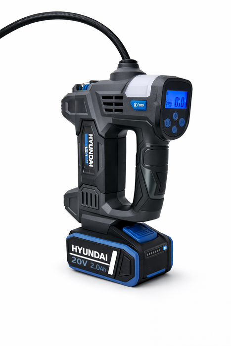 Hyundai 20V Cordless Tyre Inflator Kit – 150 PSI Portable Air Compressor + 2.0Ah Battery & Fast Charger | Car, Bike, 4WD, Camping & Emergency Tyre Pump (IF20S / B120-2 / C202-2)