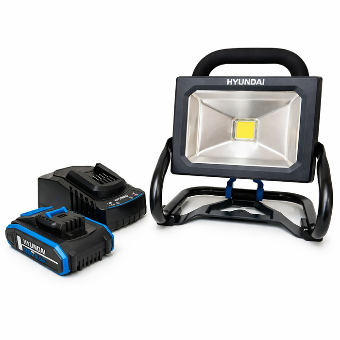 Hyundai 20V Portable LED Work Light Kit – 1600 Lumen Flood Light + 2.0Ah Battery & Fast Charger - DIY, Garage, 4WD & Camping Essential (WL20S-1600/B120-2/C20-2)