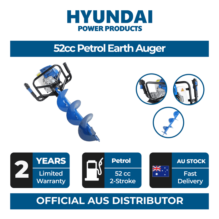 Hyundai 52cc Petrol Earth Auger – 3 Drill Bits, Anti-Vibration Handle, 2-Stroke Engine (HYEA5200X)