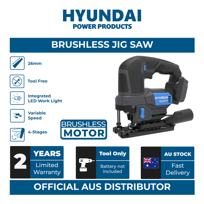 Hyundai 20V Brushless Jig Saw – Adjustable Base, 4-Stage Pendulum, LED, Variable Speed - SKIN ONLY (JS20X-26)