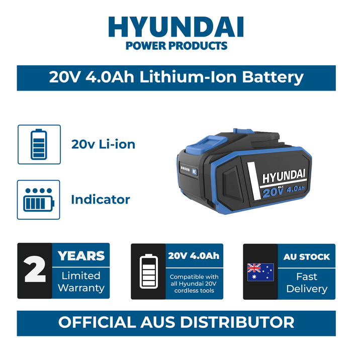 Hyundai 20V 4.0Ah Li-ion Battery – High-Capacity Power Pack for Hyundai Cordless Tools (BI20-4)