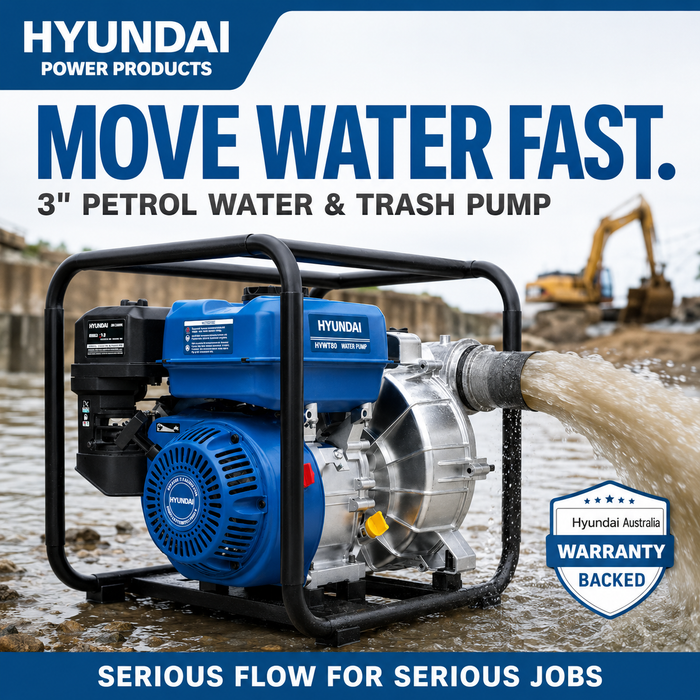 Hyundai 3″ Petrol Water & Trash Transfer Pump for farms, construction sites, irrigation systems, flooded areas, dams, pools, and more