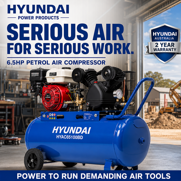 Hyundai 6.5HP Petrol Air Compressor – 100L Tank, 116PSI, Belt Drive, 312L/min, Portable & Heavy-Duty