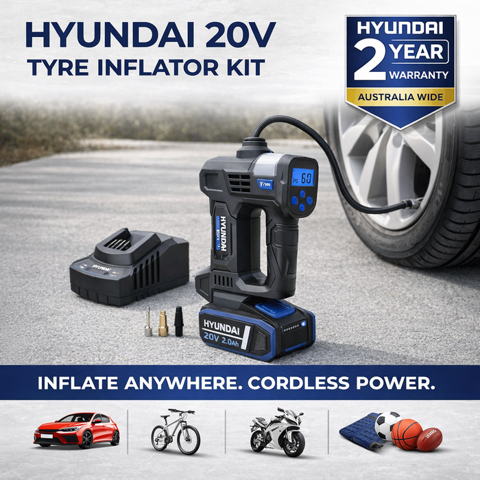 Hyundai 20V Cordless Tyre Inflator Kit – 150 PSI Portable Air Compressor + 2.0Ah Battery & Fast Charger | Car, Bike, 4WD, Camping & Emergency Tyre Pump (IF20S / B120-2 / C202-2)