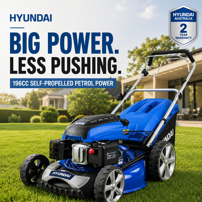 Hyundai 21" Petrol Lawn Mower - Self-Propelled,196cc Engine, Steel Deck, Easy Start, OPC Safety
