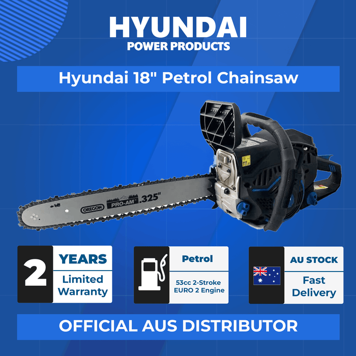 Hyundai 18" Petrol Chainsaw – 53cc 2-Stroke, Oregon Bar, Anti-Vibration, Auto Chain Lube, Kick-Back Protection (HY5310)