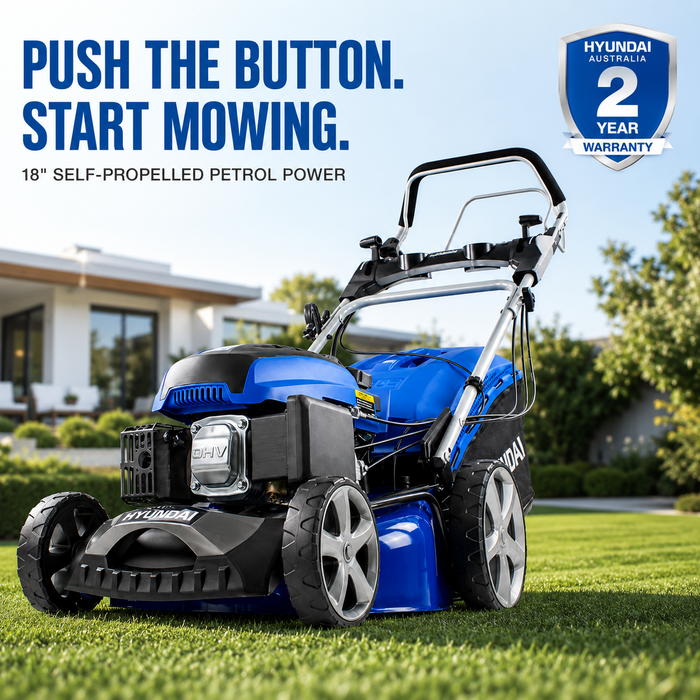 Hyundai 18" Petrol Lawn Mower – Self-Propelled, 139cc, Electric Start, 6 Heights, OPC Safety, Hose Connector