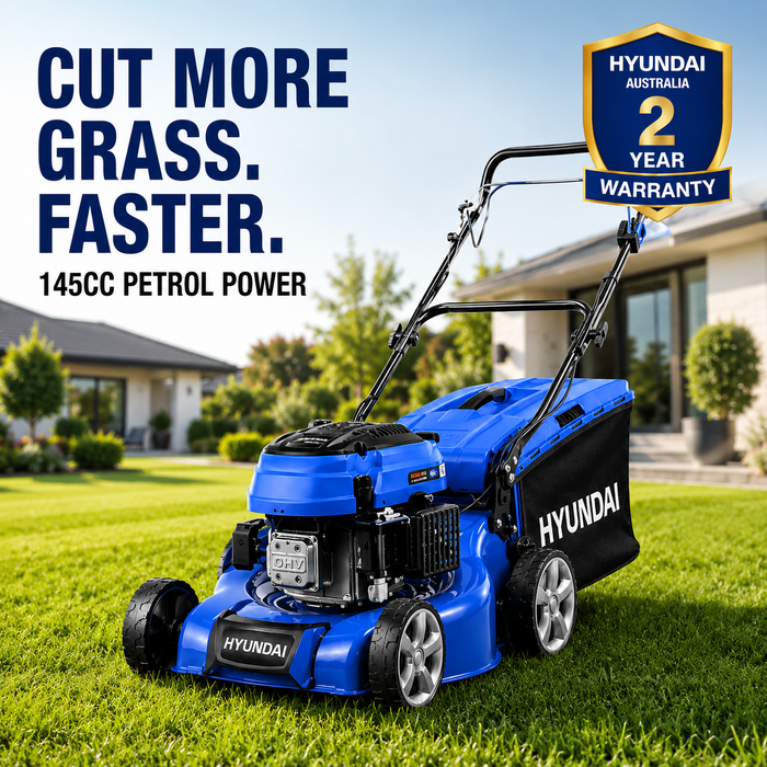 Hyundai 17" Petrol Lawn Mower Push - 145cc Engine, 6 Cutting Heights, Mulching, Compact Foldable Design