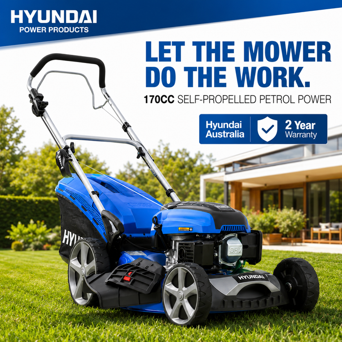 Hyundai 20" Petrol Lawn Mower – Self Propelled, 170cc OHV Engine, Steel Deck, Easy Start, Rear Wheel Drive