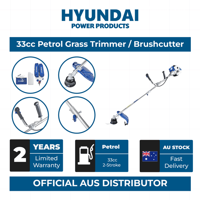 Hyundai 33cc Petrol Grass Trimmer / Brushcutter – Lightweight, High Power, Easy Start, Harness Included (HYBC3300)