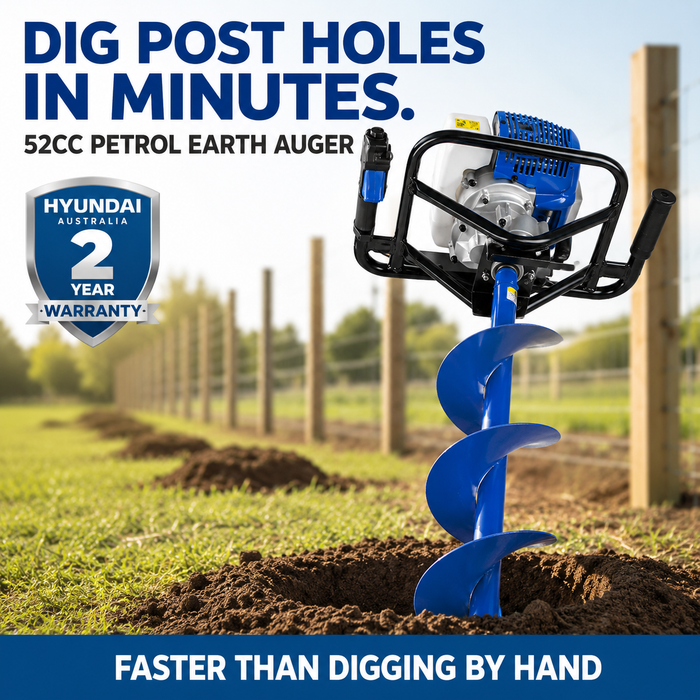 Hyundai 52cc Petrol Earth Auger – 3 Drill Bits, Anti-Vibration Handle, 2-Stroke Engine