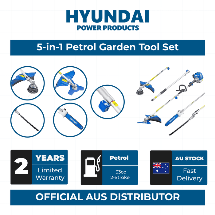 Hyundai 33cc 5-in-1 Petrol Garden Tool Set – Hedge Trimmer, Chainsaw, Brush Cutter & More (HYMT331)