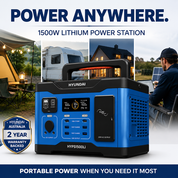 Hyundai 1500W Lithium Power Station – 1152Wh, LiFePO4, Solar/Car/USB Charging