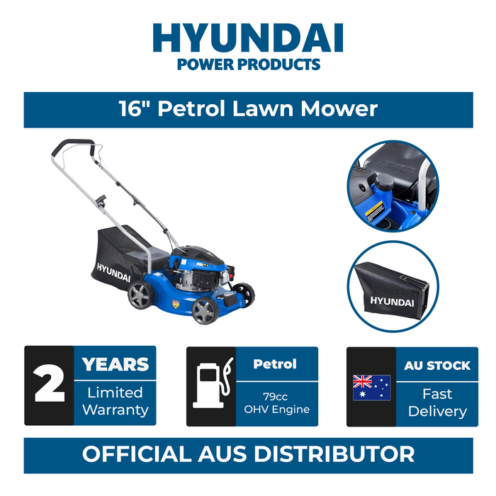 Hyundai 16" Petrol Lawn Mower – Push, 79cc OHV Engine, 6 Cutting Heights, 30L Grass Collector, Easy Start (HYM400)