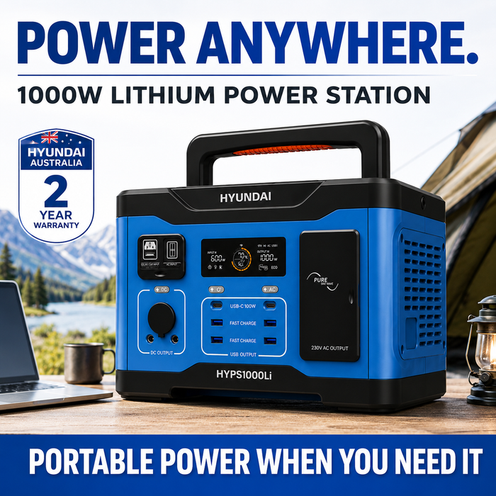 Hyundai 1000W Lithium Power Station – LiFePO4, Solar Input, 921Wh Backup & Outdoor Power