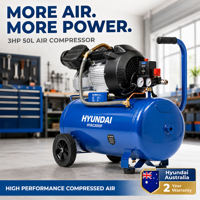 Hyundai 3HP 50L Portable Air Compressor – Direct Drive, Twin Outlet, 12.6CFM, Oil-Lubricated