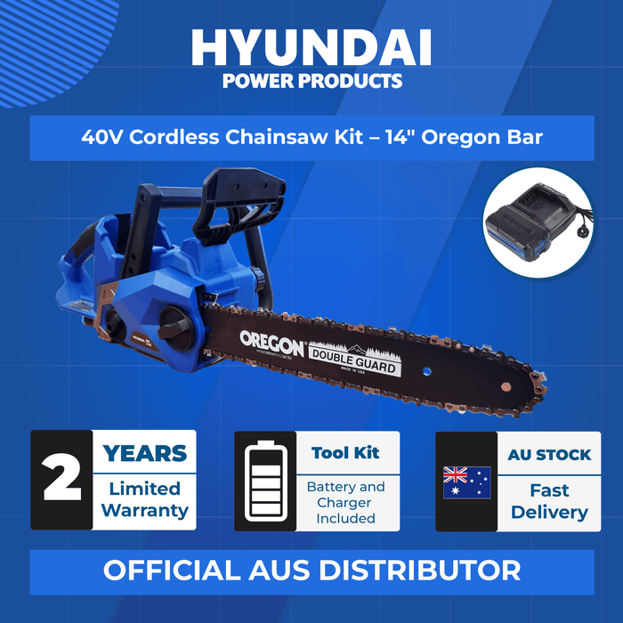 Hyundai 40V Battery Chainsaw Starter Kit – 14" Oregon Bar, 4Ah Battery + Charger, Safe & Eco-Friendly (HY40CS14)