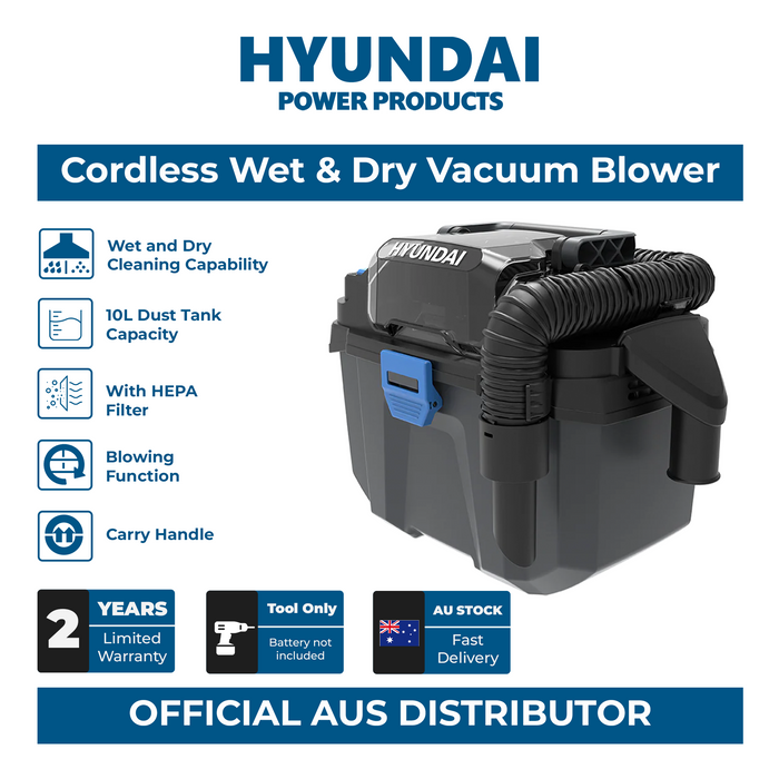Hyundai 20V Cordless Wet & Dry Vacuum Blower – 10L Tank, HEPA, Compact Toolbox Design – SKIN ONLY (DE20S)