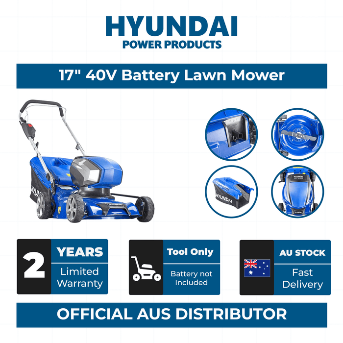 Hyundai 17" 40V Battery Lawn Mower – Steel Deck, 6-Stage Height Adjust, 45L Catcher, Lightweight & Durable - SKIN ONLY (HY42-E40(P))