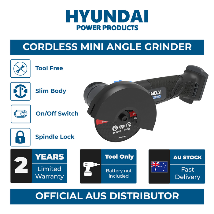 Hyundai 20V Mini Angle Grinder – 19500rpm, 76mm Disc, Tool-Free Guard - SKIN ONLY (AG20S-76)