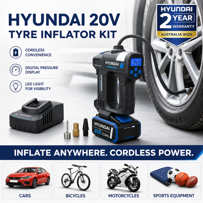 Hyundai 20V Cordless Tyre Inflator Kit – 150 PSI Digital Air Compressor, 2.0Ah Battery &amp; Fast Charger Included – Portable Car, Bike &amp; Camping Inflator